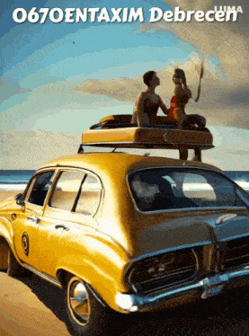 a painting of two women sitting on top of a car with a surfboard on top of it