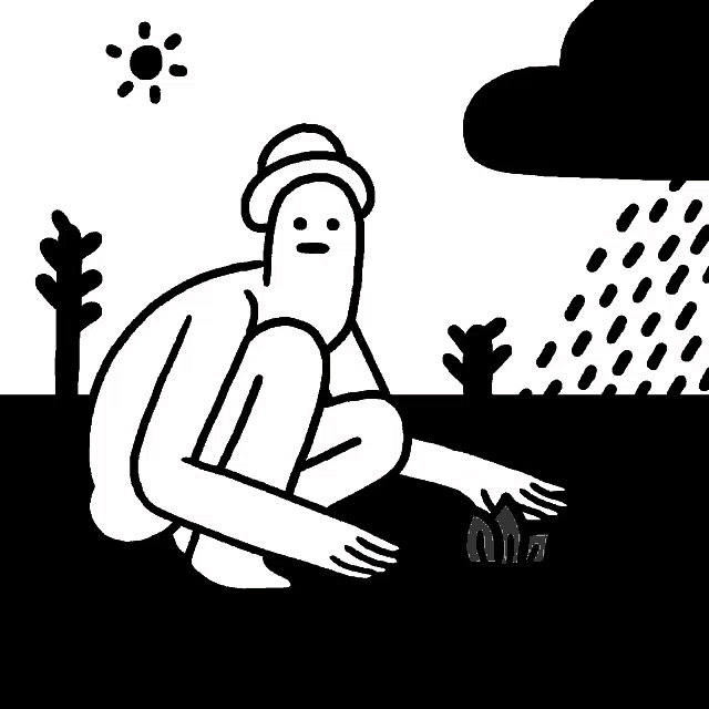 a black and white drawing of a man kneeling down looking at a plant
