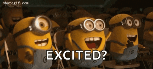 a group of minions are sitting in a classroom with the words excited written below them