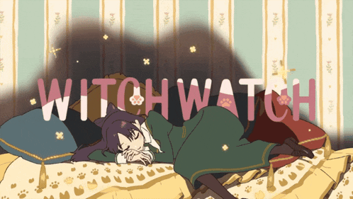 a cartoon of a girl laying on a bed with the words witchwatch below her