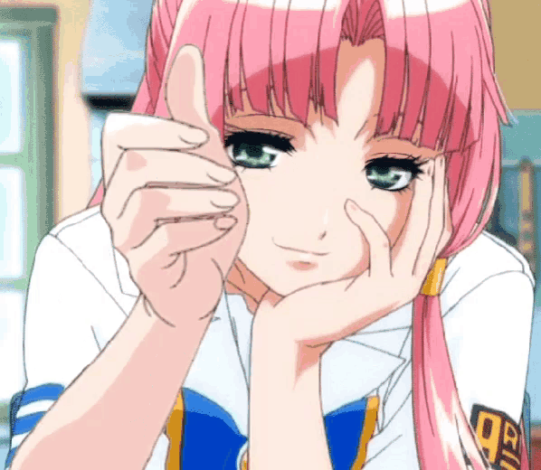 a girl with pink hair is giving a thumbs up sign