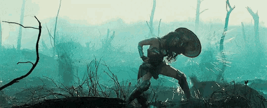 wonder woman is holding a shield and standing in the water .