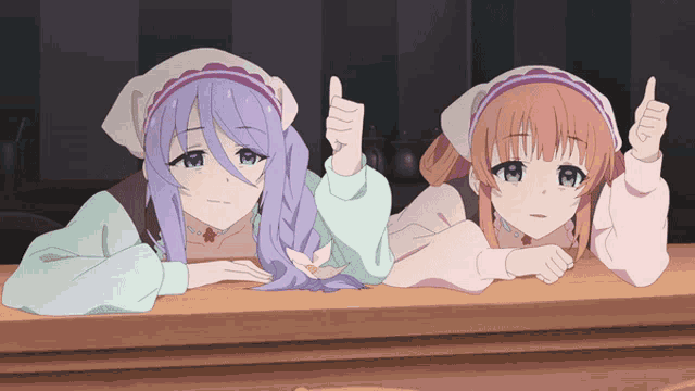 two anime girls are giving a thumbs up