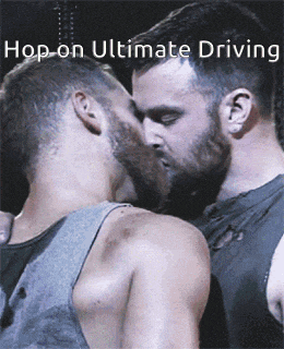 a couple of men kissing with the words hop on ultimate drivin on the bottom