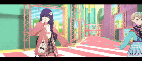 a girl in a pink jacket with a cat on it is standing next to a girl in a blue dress