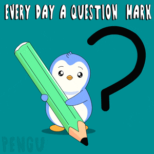 a penguin holding a pencil with a question mark on it