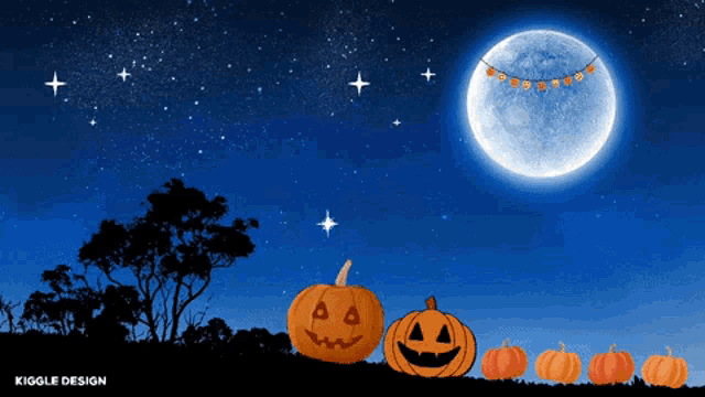 halloween pumpkins are lined up in front of a full moon with a banner that says trick or treat