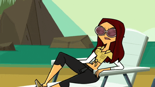 a cartoon of a woman wearing sunglasses sitting on a chair