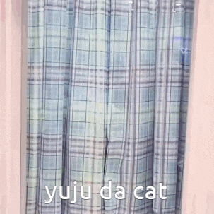 a woman is peeking out of a window behind a plaid curtain with the words yuju da cat written on it .