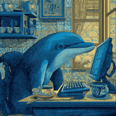 a dolphin sits at a desk with a cup of coffee and a computer monitor
