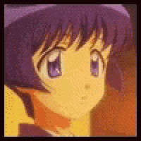 a close up of a cartoon girl with purple hair and purple eyes .