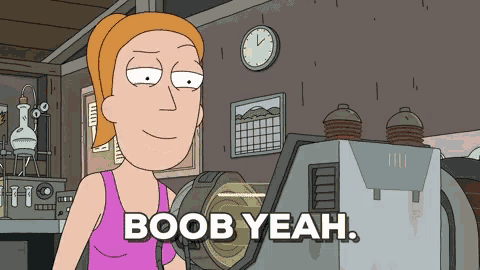 a cartoon character says " boob yeah " while standing next to a machine