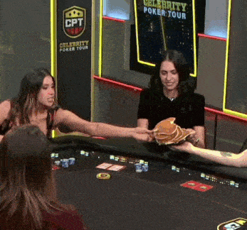 a woman is holding a stack of pancakes in front of a sign that says celebrity poker tour
