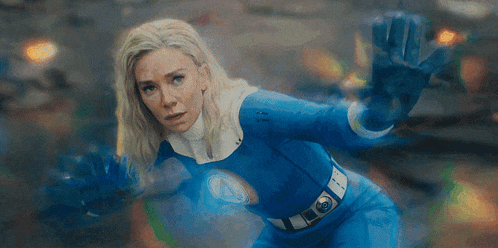 a woman in a blue superhero costume with a belt that says a on it
