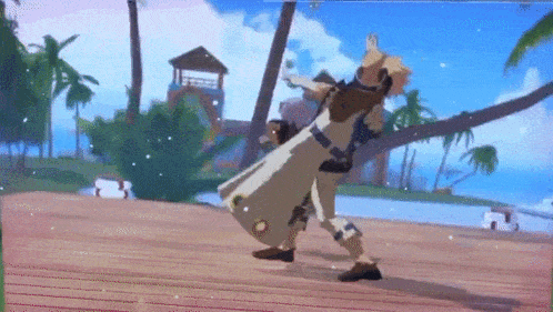 a cartoon character is holding a large sword on a beach .