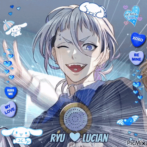 a picture of ryu lucian is surrounded by hearts