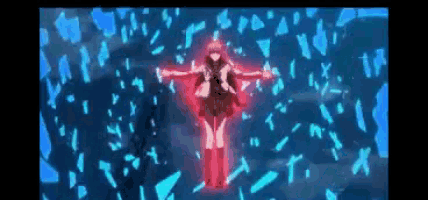 a pixel art of a girl in a school uniform standing in the middle of a blue and red background
