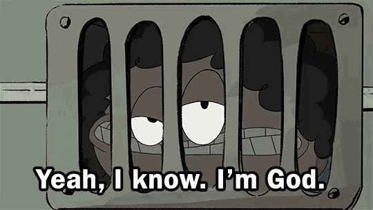 a cartoon of a man behind bars with the words yeah i know i 'm god