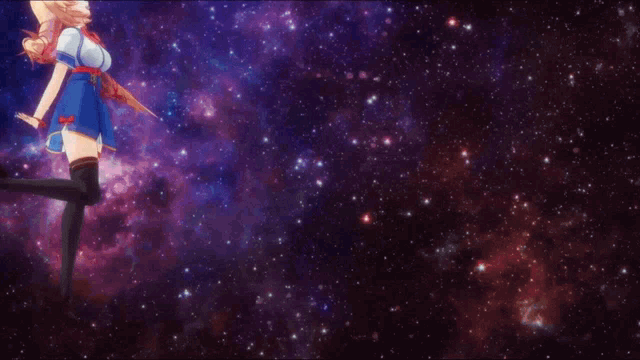 a girl in a blue dress stands in front of a galaxy background