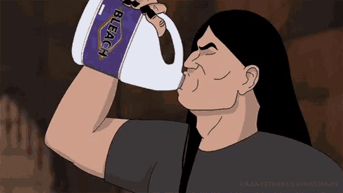a cartoon of a man drinking from a bleach bottle