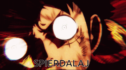 a close up of a person 's face with the words " spierdalaj " above it