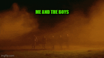 a group of people standing in a field with the words me and the boys