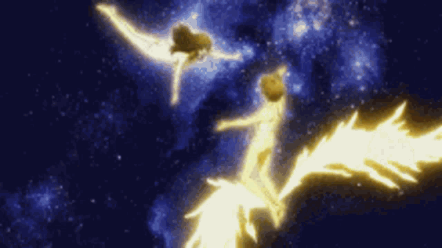 a man and a woman are hugging each other in a glowing anime scene .