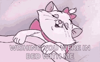 a cartoon cat is laying on a bed with the words wishing you were in bed with me written below it .