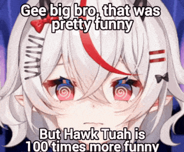 a picture of a girl with the caption gee big bro that was pretty funny but hawk tuan is 100 times more funny