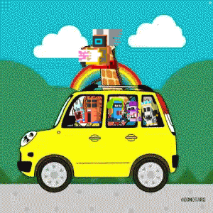 a cartoon of a yellow car with a rainbow on the roof