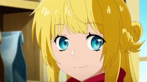 a girl with blonde hair and blue eyes is smiling and looking at the camera