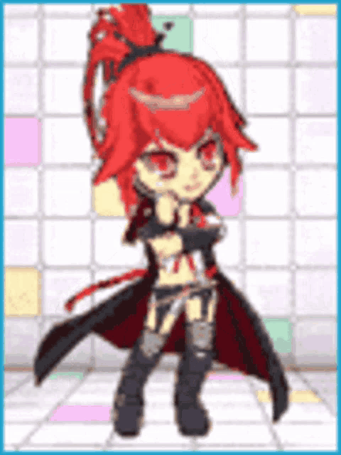 a pixel art of a girl with red hair standing in front of a tiled wall .