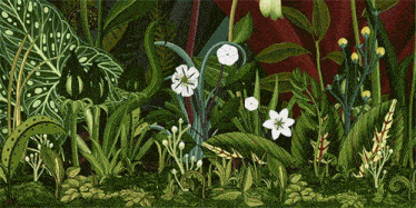 a painting of a lush green forest with white flowers and leaves