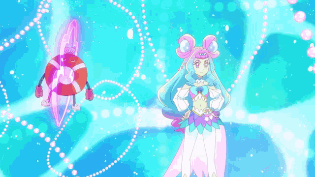a girl with blue hair is standing in front of a pink object