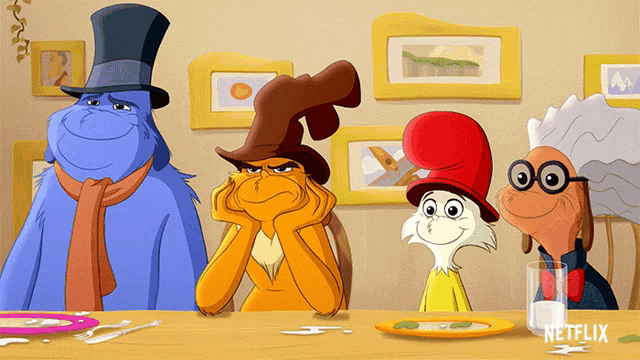 a group of cartoon characters sitting at a table with a netflix logo on the bottom right