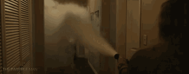 a person holding a flashlight in a dark hallway with the invisible man written on the bottom