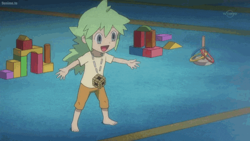a cartoon character is standing on a blue floor with blocks in the background .