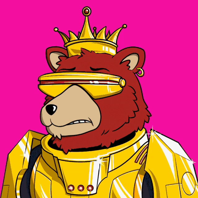 a cartoon bear wearing a crown and sunglasses on a pink background
