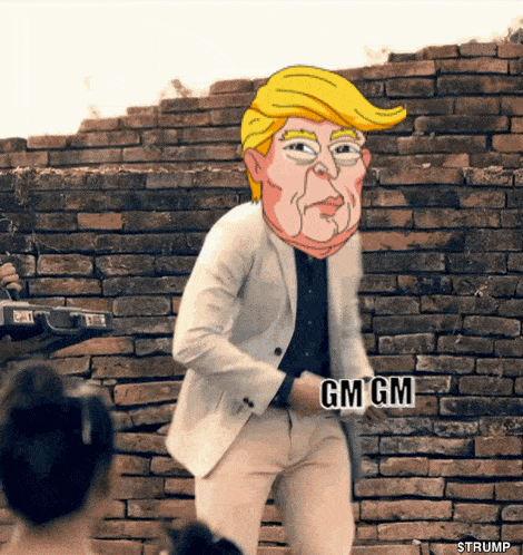 a cartoon of donald trump holding a gm gm sign