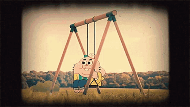a cartoon character sitting on a swing in a field
