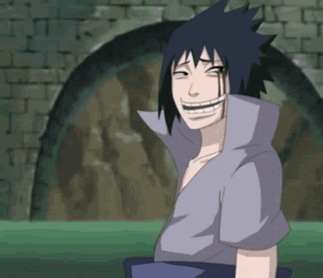 a cartoon character with blood coming out of his eyes is smiling .