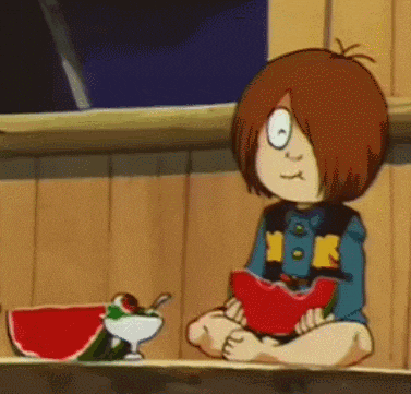 a cartoon boy is eating a watermelon next to a bowl of ice cream .