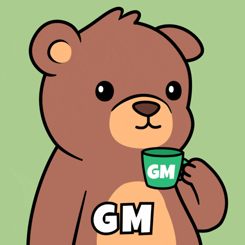 a brown teddy bear is holding a green mug that says gm on it