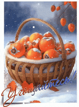 a wicker basket filled with oranges in the snow with the words y'rougaumeclo written on the bottom