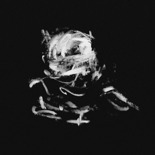 a black and white drawing of a person 's face with white lines on it