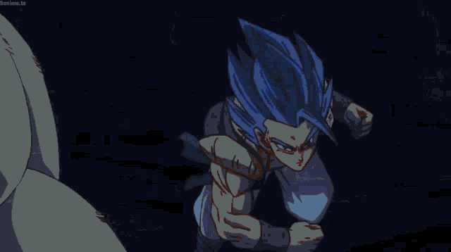 a cartoon character with blue hair is flying through the air and making a punch .