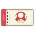 a ticket with a mushroom on it and a red button .