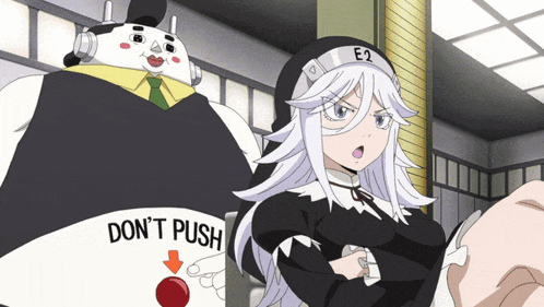 a cartoon character is standing next to a sign that says " do n't push "