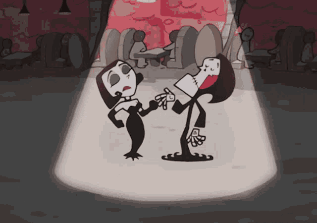 a cartoon of a man and woman dancing in a dark room