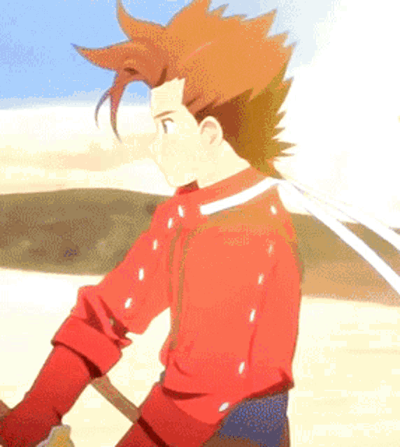 a cartoon character with a red shirt and brown hair